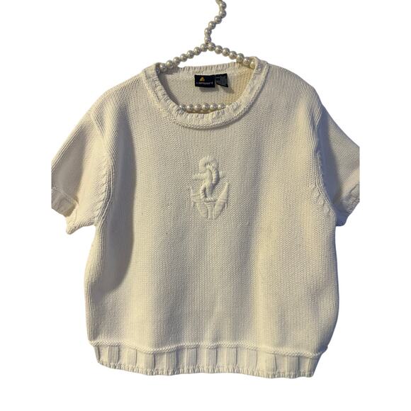 1990's LIZ Sport CLAIBORNE Ivory Chunky Knit Anchor Nautical 100% Cotton SzL - Picture 2 of 5